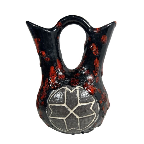 Native American Pueblo Pottery Wedding Vase Signed 7” Black Red Clay - Picture 2 of 9